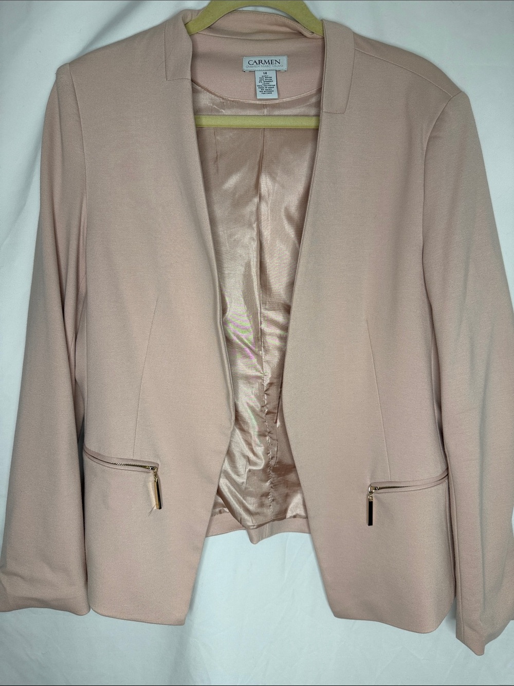 Carmen Marc Valvo Pink Open Front Blazer with Gold Zip Detail